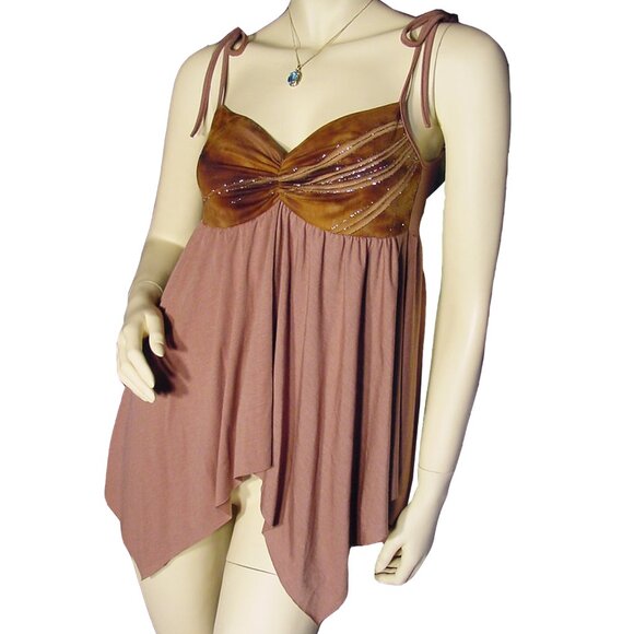New Y2K Sleeveless Spaghetti Babydoll Top Tank Made USA Brown Princess Fairycore - Picture 6 of 6